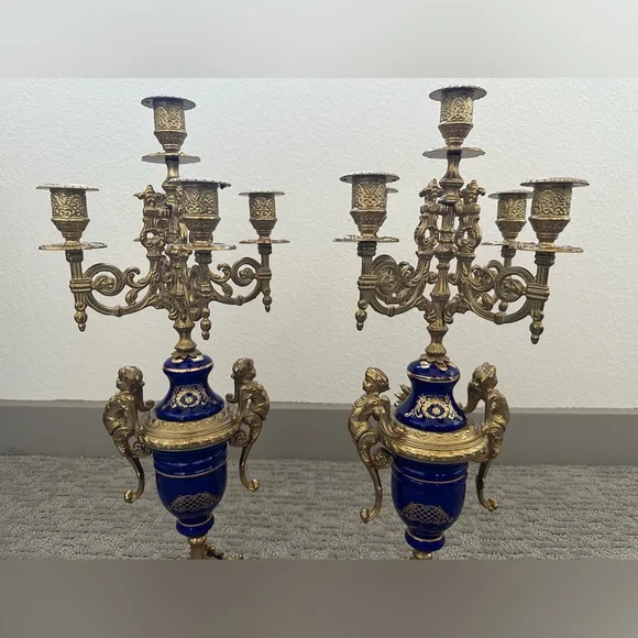 Pair Italian Cobalt & Gilt Rococo 5-Light Candelabra – Brevettato - Picture 10 of 16